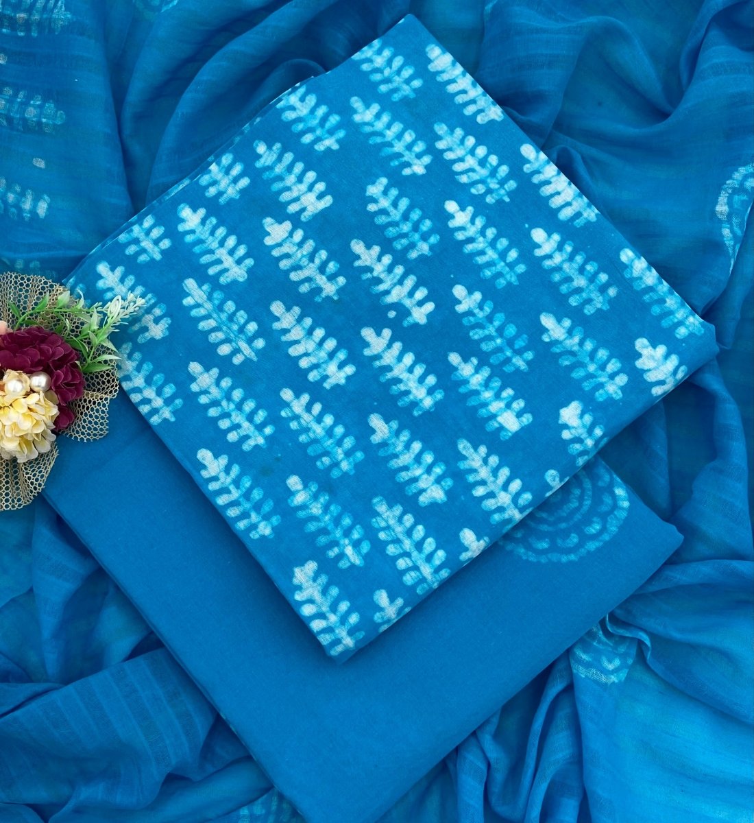 Block Print Cotton Suit Set (Blue) - Stylish Attire