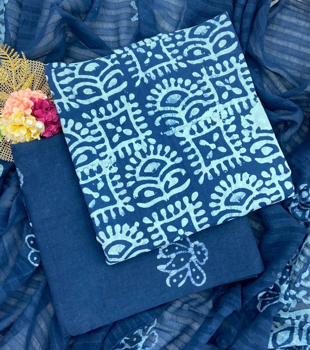 Block Print Cotton Suit Set (Navy Blue) - Stylish Attire