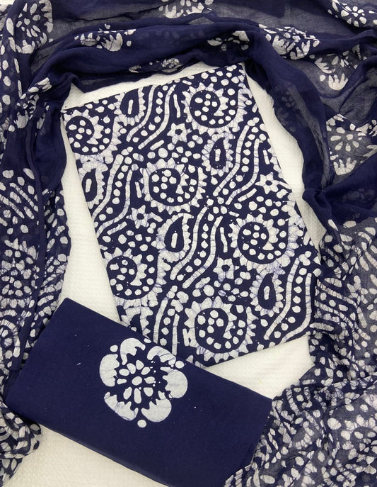 Block Print Elegant Cotton Suit Set (Navy Blue) - Stylish Attire