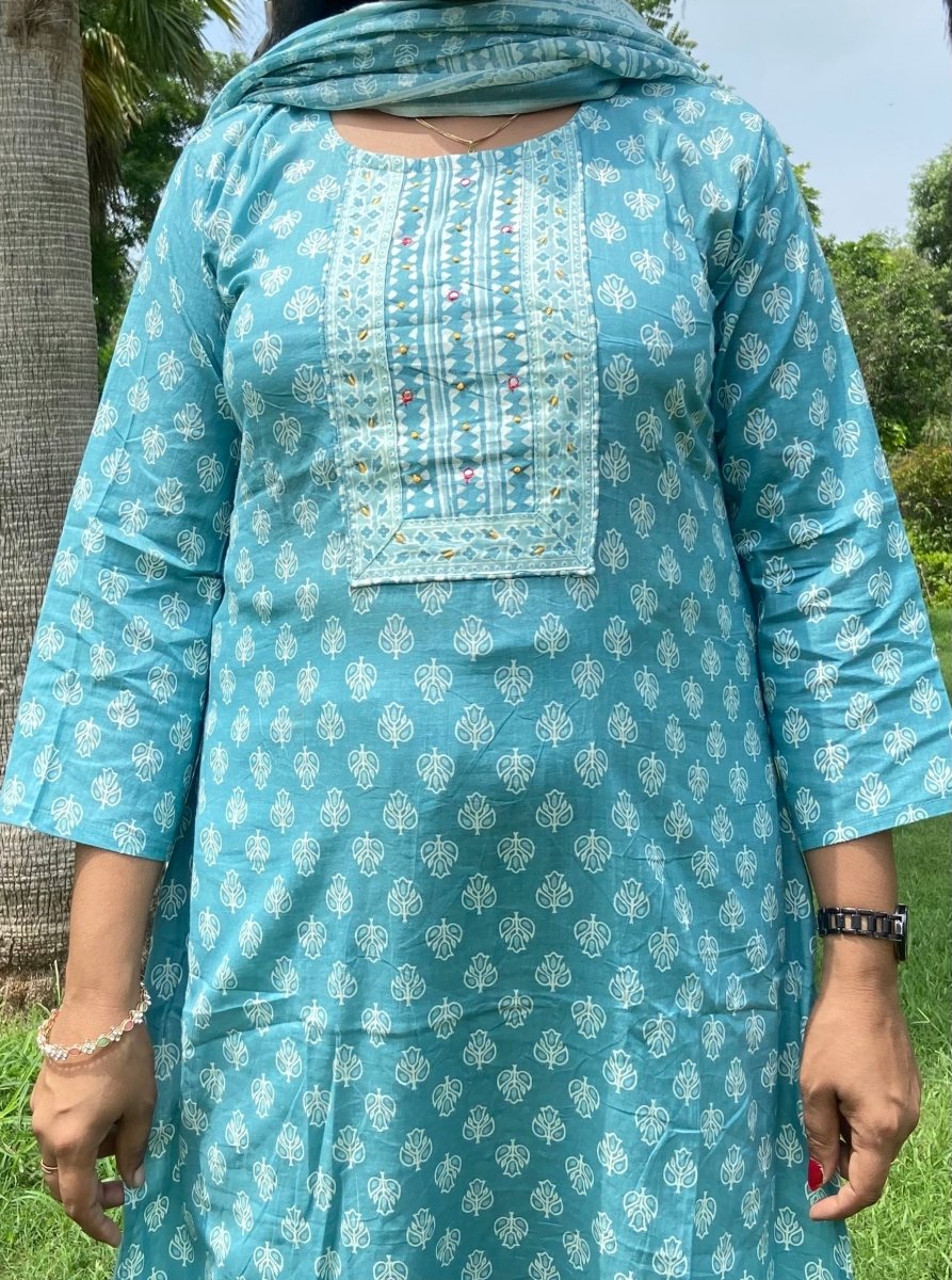 Pure Cotton Kurti & Pant with Dupatta (3pcs) - Stylish Attire